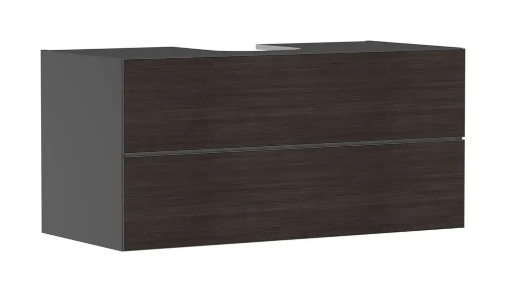 Waschtischunterschrank in Schiefergrau von Hansgrohe mit zwei Schubkästen, rechteckige Form, geeignet für Aufsatzwaschtisch, moderne Gestaltung.